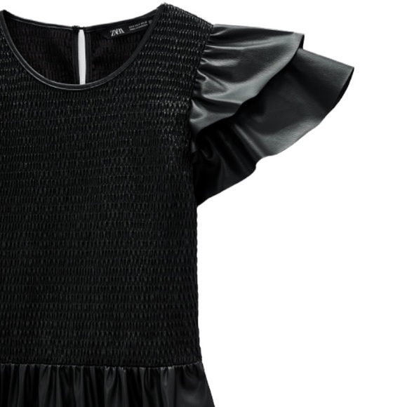 Zara Smocked Faux Leather Ruffle Sleeve Midi Dress - Picture 5 of 9